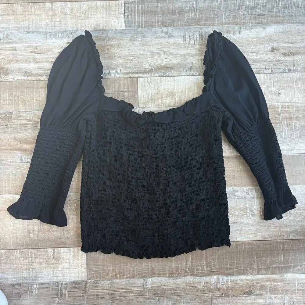 Reformation Black Shirred Tie Front Blouse Size XL